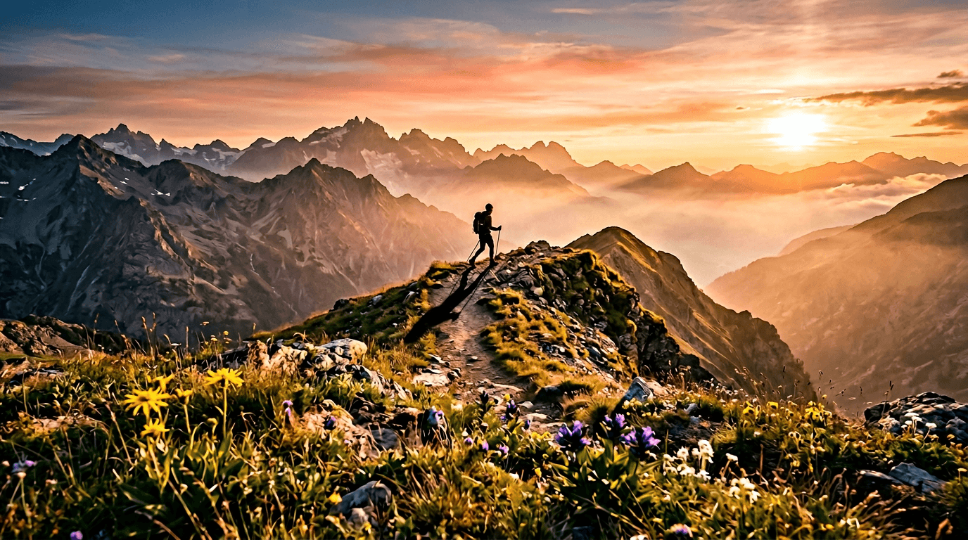 Hiker on a mountain ridge at sunset
