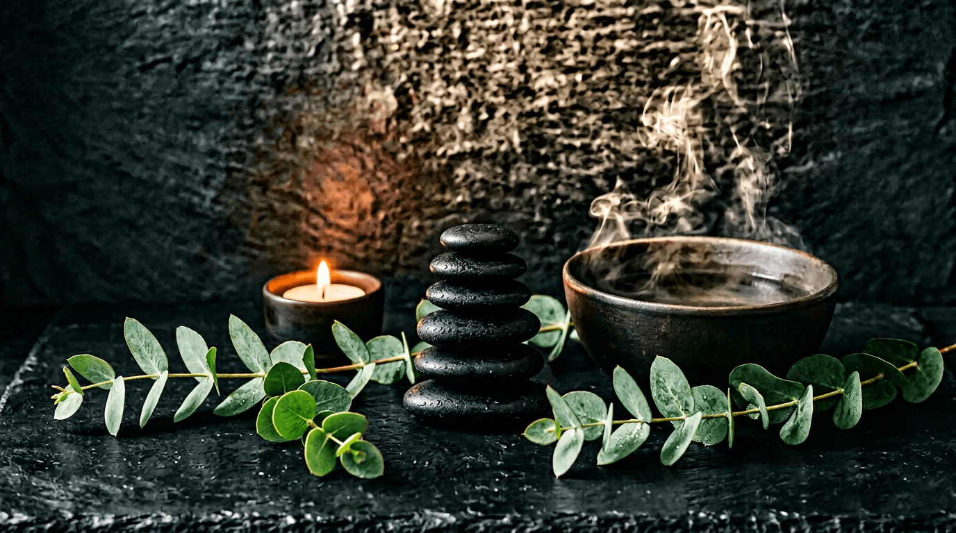 Candlelit spa stones with eucalyptus